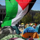 Pro-Palestinian students and activsts gather at a protest encampment on the campus of Columbia University in New York City on April 25, 2024.