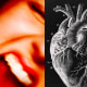A photo of a woman yelling in anger; a medical diagram of a human heart