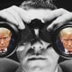 Illustration of a man looking through binoculars and in the lenses is former President Donald Trump at his hush money trial in a New York court