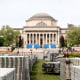 Equipment for commencement exercises, now canceled, sits at the main campus of Columbia University 