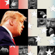 Trump and Biden facing towards each other with stars and other small photographs surrounding them.