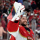 Florida Panthers goaltender Sergei Bobrovsky waves after the Panthers defeated the Edmonton Oilers in Game 1 of the NHL hockey Stanley Cup Finals Saturday. (
