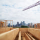 A construction site with a view of Minneapolis