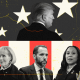 Side profile of Donald Trump against a grey background with stars on the top half of the image; on the bottom half, behind a background of red and white stripes, are (from left to right) E. Jean Carroll, Jack Smith, and Fani Willis.