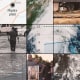 A grid of photos and maps detailing the destruction of Hurricane Helene at a plastics plant in Tennessee. A worker walks through flood waters in the parking lot; mourners hold a photo of a deceased relative who worked at the plant; and a satellite image of the hurricane.