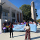 Under the Martin Luther King statue at Morehouse College, Nicole Carty speaks to voter suppression demonstrators on Saturday in Atlanta.