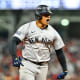 Juan Soto of the New York Yankees rounds the bases after hitting a home run in the 10th inning against the Cleveland Guardians during Game Five of the American League Championship Series.