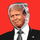 Black-and-white-image of Donald Trump overlaid with a full-color photo of his face smiling; against a red background