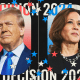 Photo illustration of Donald Trump and Kamala Harris in ballot bubbles, surrounded by stars and the words "Decision 2024"