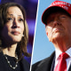 A split composite image of Kamala Harris, left, and Donald Trump