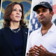 A side by side threeway split image of Usha Vance, Kamala Harris, and Vivek Ramaswamy.