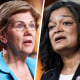 A three way split image of Elizabeth Warren, Pramila Jayapal; and Bernie Sanders.