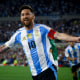 Lionel Messi of Argentina celebrates a goal during the match