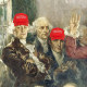 Illustration of the Signing of the Constitution of the United States with a few of the signees wearing "MAGA" hats 