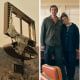 A melted businesses sign; Paul and Monique inside a restaurant; a charred and bent barstool sits in rubble