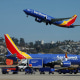 A Southwest Airlines plane takes off at San Diego International Airport.