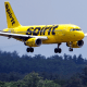 A yellow Spirit Airlines plane flies in the sky above trees