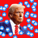 Photo illustration of Donald Trump surrounded by a number of thumbs down and thumbs up stickers