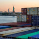 A container ship makes its way through New York Harbor