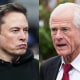 A split composite image of Elon Musk, left, and Peter Navarro