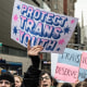 Demonstrators hold signs that read, "Protest Trans Youth."
