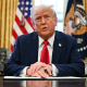 President Donald Trump speaks to the press in the Oval Office of the White House