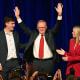 Australia's Prime Minister Anthony Albanese celebrates with his partner Jodie Haydon and son Nathan Albanese 