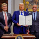 From left, National Institutes of Health Director Jay Bhattacharya, Administrator for the Centers for Medicare & Medicaid Services Mehmet Oz, President Donald Trump, Health and Human Services Secretary Robert F. Kennedy Jr., and Food and Drug Administration Commissioner Martin Makary after Trump signed an executive order aimed at reducing the cost of prescription drugs and pharmaceuticals at the White House on May 12, 2025.