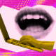 Photo Illustration: A mouth and laptop over a texture of code