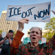 Demonstrators protest recent actions by federal immigration agents outside City Hall in Worcester, Mass., on May 13, 2025. 