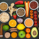 Fruit, vegetables, herbs, spices, grains, seeds, cereals.