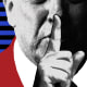 Photo collage of an up-close image of Donald Trump, holding his finger to his mouth as if he is hushing someone.