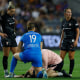 Savy King receives medical attention during the NWSL match