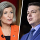 A split composite image of Joni Ernst, left, and Brendan Boyle