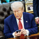 Donald Trump uses his cellphone at his desk in the Oval Office