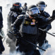 A split image of California Highway Patrol outside using smoke bombs, left, and Charlie Sykes