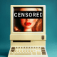 Photo illustration of a woman's face on a computer screen with a "CENSORED" bar over the screen 