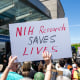 A sign is held in a crowd that says "NIH Research Saves Lives"