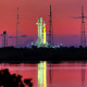Artemis I sits at Launch Pad 39-B at Kennedy Space Center, Fla., at sunrise on Aug. 31, 2022.