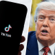 A split composite image of a hand holding a phone with the TikTok logo on a smartphone, left, and Donald Trump speaking
