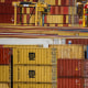 Containers of shipping lines at the harbor of Bremerhaven, northern Germany, on June 12, 2025. 