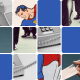 Photo grid of obscured images featuring Superman, a telephone, and a hand holding a blank check 