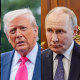 A split composite of Volodymyr Zelensky, Donald Trump and Vladimir Putin.