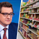 A split composite image of Chris Hayes and grocery store shelves