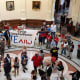 People at the Texas State Capitol during a public hearing on congressional redistricting in Austin, Texas, on Aug. 1, 2025.