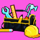 Toolbox filled with pixel-art tools.