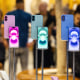 A display of iPhone 16 smartphones in a store in London