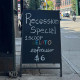 A sign outside Brooklyn coffee shop Clever Blend offers a $6 gelato and espresso “recession special.”