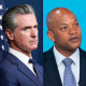 A split triptych image of Gavin Newsom, left, Wes Moore, center, and JB Pritzker.