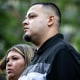 Kilmar Abrego Garcia and his wife, Jennifer Vasquez Sura, arrive for a check-in at the Immigration and Customs Enforcement field office in Baltimore on Aug. 25, 2025.